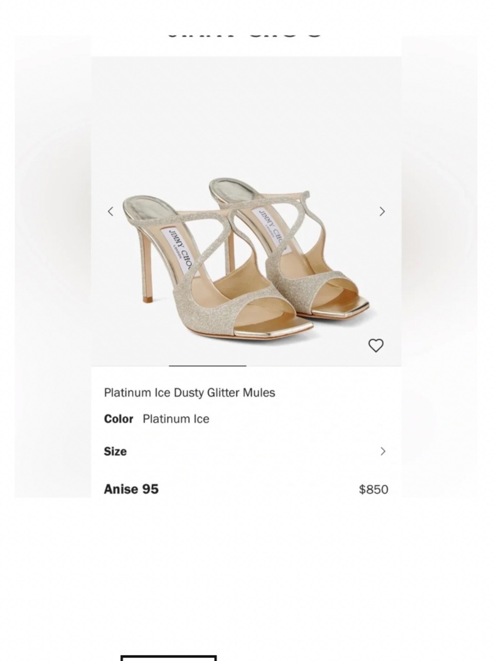 Jimmy Choo Platinum Ice Dusty Glitter Mules Color Platinum Ice Anise 95 $850 - Picture 2 of 6
